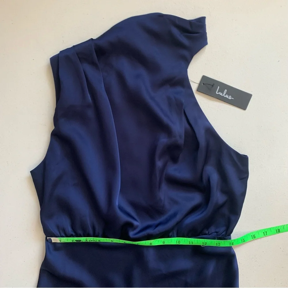 Lulus Medium Distinctive Charm Navy Blue Satin Asymmetrical Midi Dress NWT - Picture 15 of 17